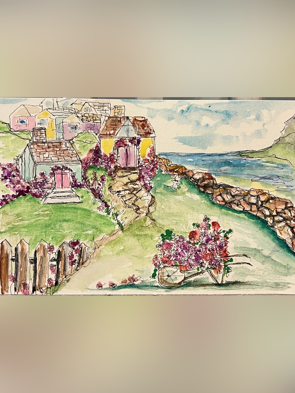 Original hand painted watercolor, beach, cottage village wall art